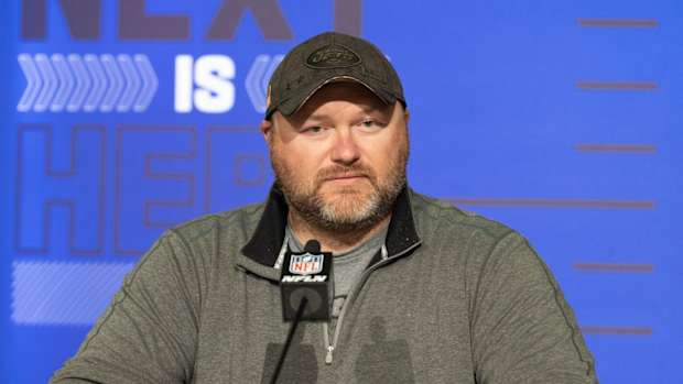 Jets general manager Joe Douglas speaks at NFL combine